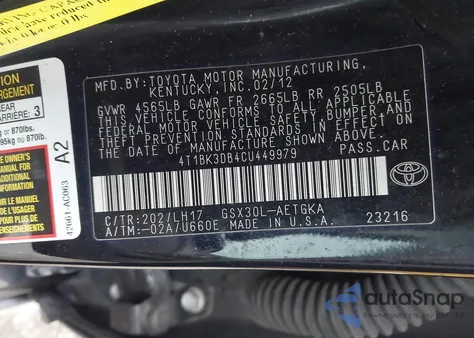 2012 Toyota Avalon из США, поврежденный, VIN 4T1BK3DB4CU449979